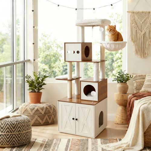 Arbre à Chat Moderne De 178 Cm Avec Enceinte Pour Litière, Marron Et Blanc