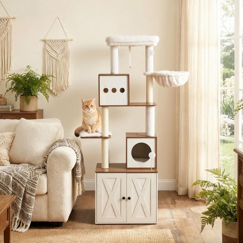 Arbre à Chat Moderne De 178 Cm Avec Enceinte Pour Litière, Marron Et Blanc