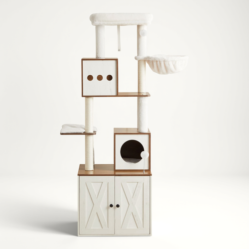 Arbre à Chat Moderne De 178 Cm Avec Enceinte Pour Litière, Marron Et Blanc