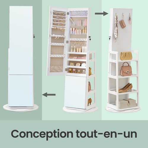 Meuble De Rangement, Avec Miroir, Armoire à Bijoux Pivotante à 360°, éclairage, Blanc