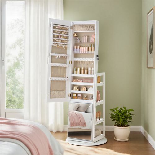 Meuble De Rangement, Avec Miroir, Armoire à Bijoux Pivotante à 360°, éclairage, Blanc