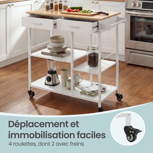 Desserte De Cuisine à Roulettes, 45 X 98,7 X 90 Cm, Avec Porte-serviettes, 2 Tiroirs, Beige Et Blanc