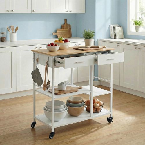 Desserte De Cuisine à Roulettes, 45 X 98,7 X 90 Cm, Avec Porte-serviettes, 2 Tiroirs, Beige Et Blanc