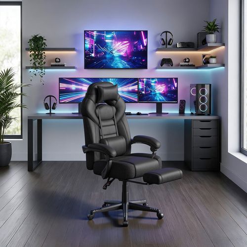 Fauteuil De Bureau Ergonomique Avec Support Lombaire, Coussin De Tête Réglable, Noir