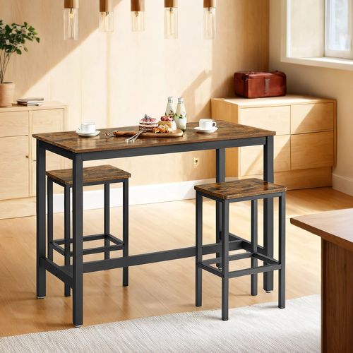 Table Haute Avec 2 Tabourets De Style Industriel, Lot Table Et Chaises De Bar, Marron Et Noir