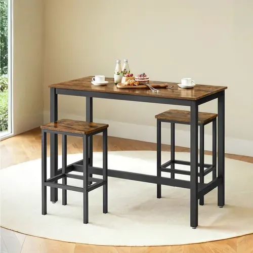 Table Haute Avec 2 Tabourets De Style Industriel, Lot Table Et Chaises De Bar, Marron Et Noir