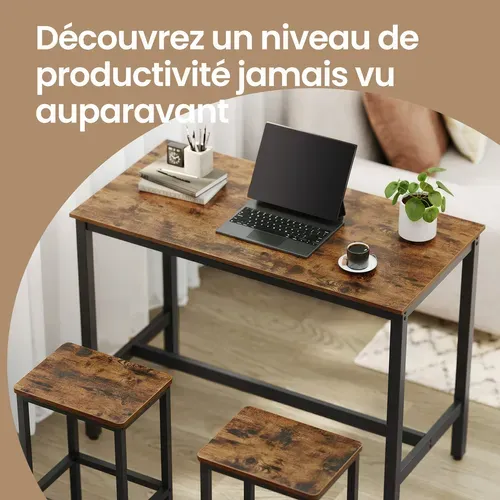 Table Haute Avec 2 Tabourets De Style Industriel, Lot Table Et Chaises De Bar, Marron Et Noir