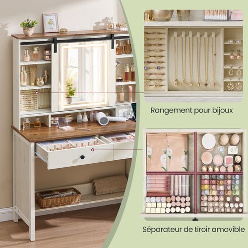 Coiffeuse Avec Miroir Et éclairage, Tabouret, Station De Charge, 2 Tiroirs, Rangement Pour Bijoux