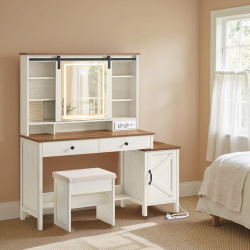 Coiffeuse Avec Miroir Et éclairage, Tabouret, Station De Charge, 2 Tiroirs, Rangement Pour Bijoux