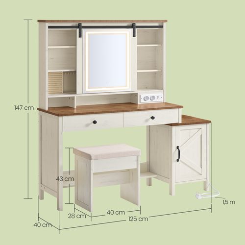 Coiffeuse Avec Miroir Et éclairage, Tabouret, Station De Charge, 2 Tiroirs, Rangement Pour Bijoux