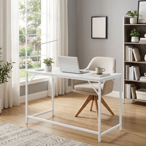 Bureau D'ordinateur, Table, Pour Bureau, Chambre, Salon, Cadre En Métal, Blanc