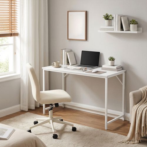 Bureau D'ordinateur, Table, Pour Bureau, Chambre, Salon, Cadre En Métal, Blanc