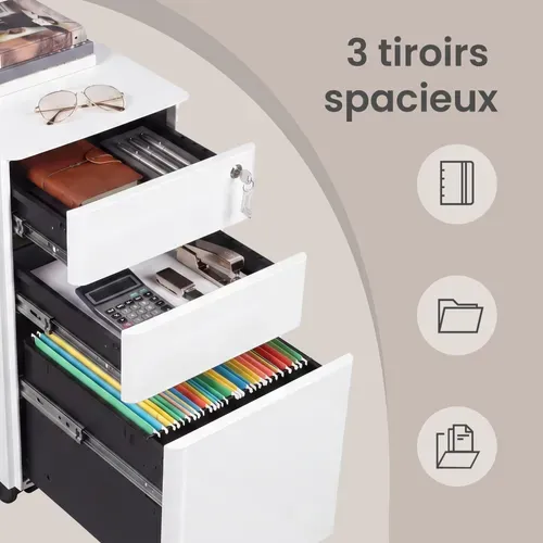 Classeur à 3 Tiroirs En Acier Pour Bureau à Domicile, Blanc