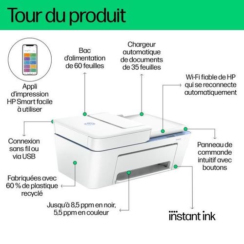 Imprimante Tout-en-un Hp Deskjet 4222e Jet D'encre Couleur Copie Scan - 3 Mois D'instant Ink Inclus
