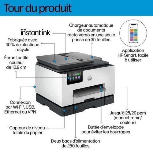 Imprimante Officejet Pro 9135e Tout-en-un Couleur Recto Verso, 3 Mois Instant Ink Inclus Avec Hp+
