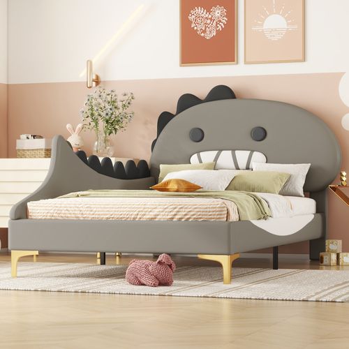 Lit Enfant - Forme Dinosaure Dessin Animé - Lit Plat - Matériau Pu - 90 X 200 Cm - Gris