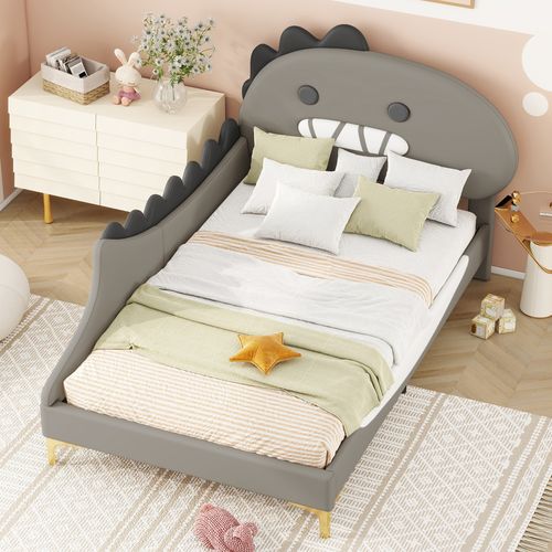 Lit Enfant - Forme Dinosaure Dessin Animé - Lit Plat - Matériau Pu - 90 X 200 Cm - Gris