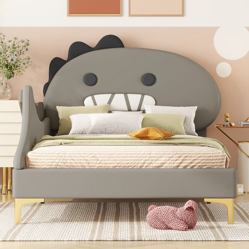 Lit Enfant - Forme Dinosaure Dessin Animé - Lit Plat - Matériau Pu - 90 X 200 Cm - Gris