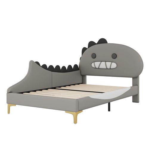 Lit Enfant - Forme Dinosaure Dessin Animé - Lit Plat - Matériau Pu - 90 X 200 Cm - Gris
