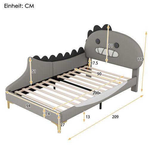 Lit Enfant - Forme Dinosaure Dessin Animé - Lit Plat - Matériau Pu - 90 X 200 Cm - Gris