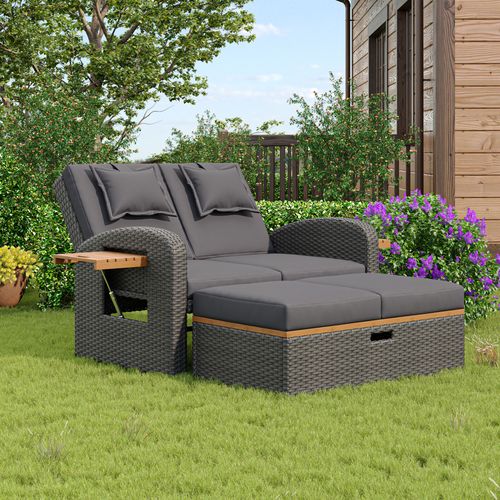 2 Fauteuils Lounge Jardin - Rotin Gris, Dossier Réglable, Repose-pieds + Coussins