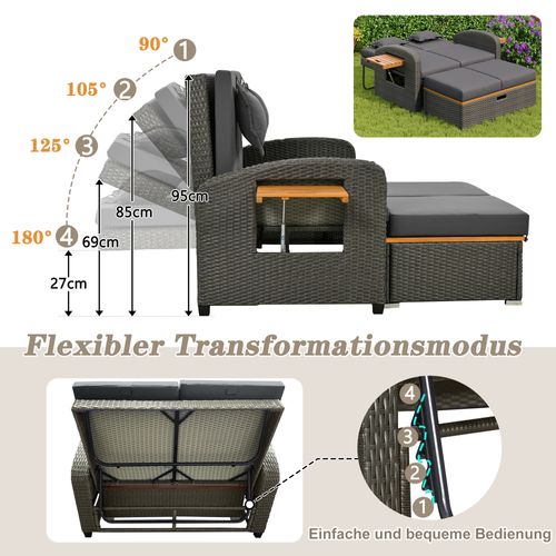 2 Fauteuils Lounge Jardin - Rotin Gris, Dossier Réglable, Repose-pieds + Coussins