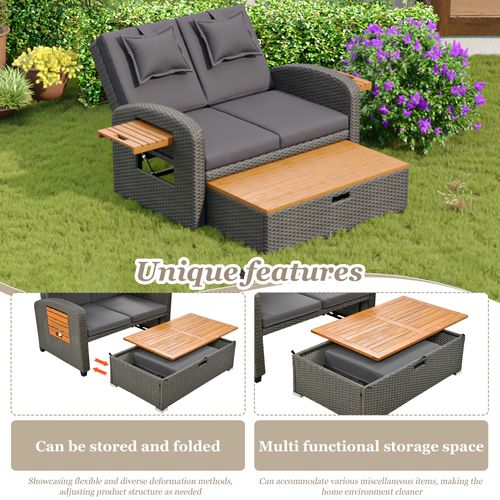 2 Fauteuils Lounge Jardin - Rotin Gris, Dossier Réglable, Repose-pieds + Coussins