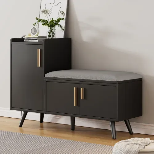 Meuble à Chaussures Avec Assise Confort-trois Portes De Rangement-pour Couloir Et Entrée-noir