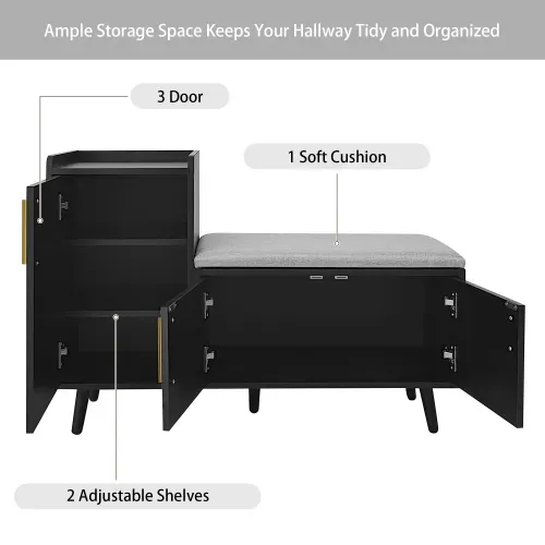 Meuble à Chaussures Avec Assise Confort-trois Portes De Rangement-pour Couloir Et Entrée-noir