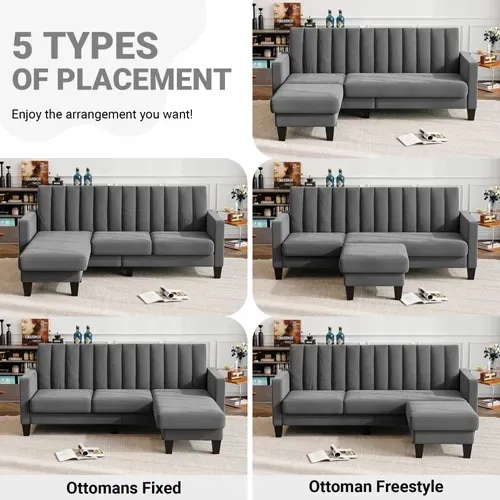 Canapé D'angle 3 Places En Velours,repose-pieds Amovible,208 X 140 X 85cm,gris