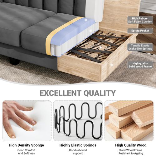 Canapé D'angle 3 Places En Velours,repose-pieds Amovible,208 X 140 X 85cm,gris