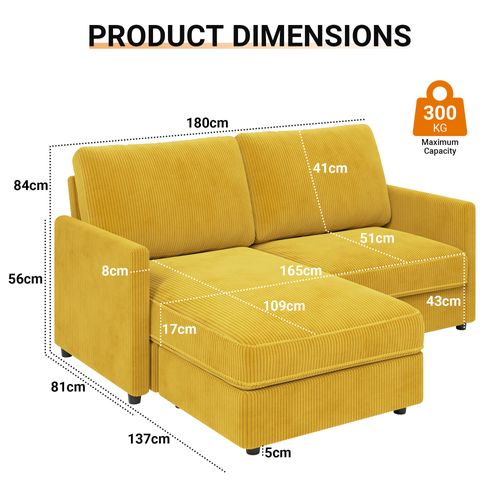 Canapé D'angle 2 Places En Velours Côtelé,confortable Moderne,180x137x84cm,jaune