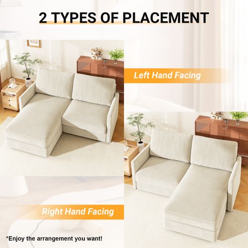 Canapé D'angle 2 Places En Velours Côtelé,canapé Confortable,180x137x84cm,beige