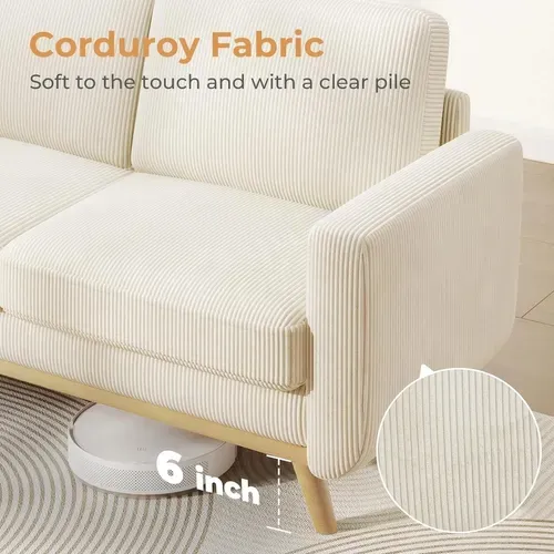 Canapé Droit 2 Places En Velours Côtelé,pieds En Bois Massif,173x76x89cm,beige