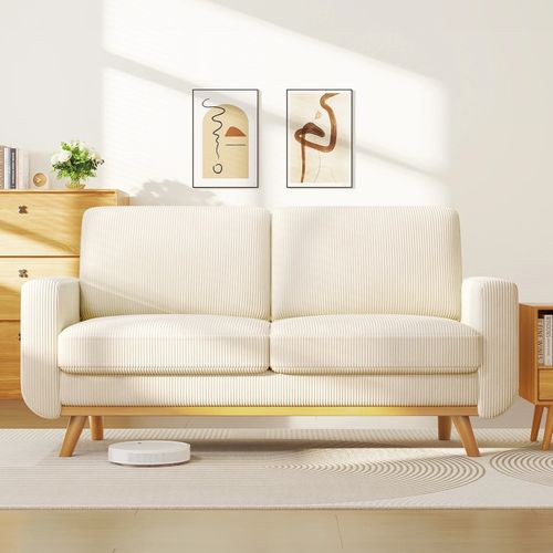 Canapé Droit 2 Places En Velours Côtelé,pieds En Bois Massif,173x76x89cm,beige