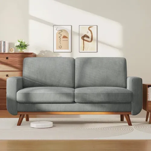 Canapé Droit 2 Places En Velours Côtelé,pieds En Bois Massif,173x76x89cm,gris