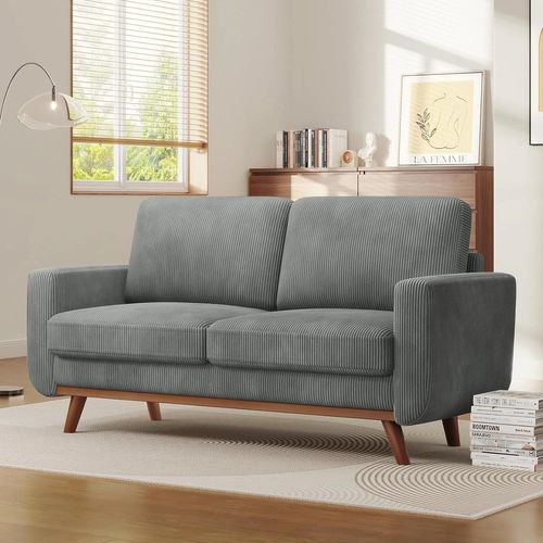 Canapé Droit 2 Places En Velours Côtelé,pieds En Bois Massif,173x76x89cm,gris