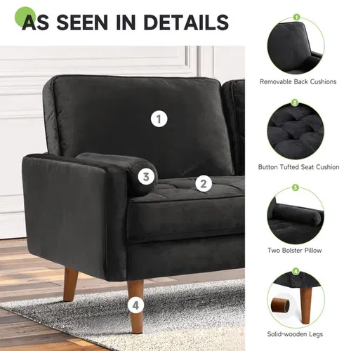 Canapé 2 Places 148x78x85 Cm En Velours Avec 2 Coussins - Noir