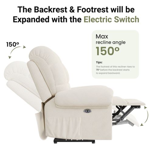 Fauteuil Relax Électrique En Velours Côtelé, Avec Repose-pieds, Beige