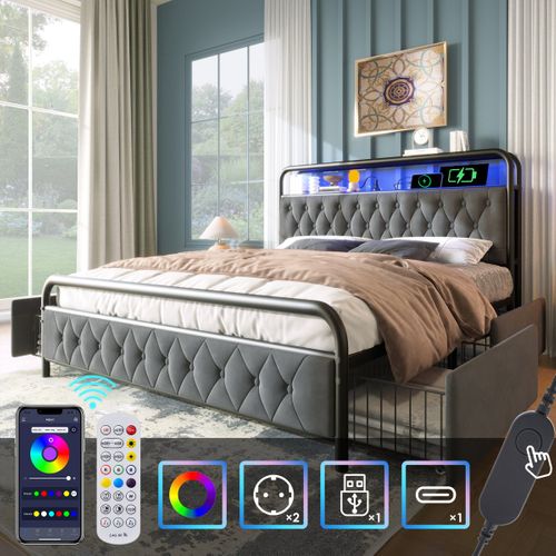 Lit Double Capitonné - USB Type C - LED - 4 Tiroirs - Velours Gris 180x200cm