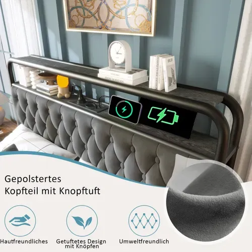 Lit Double Capitonné - USB Type C - LED - 4 Tiroirs - Velours Gris 180x200cm