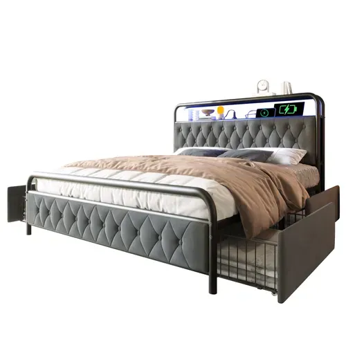 Lit Double Capitonné - USB Type C - LED - 4 Tiroirs - Velours Gris 180x200cm