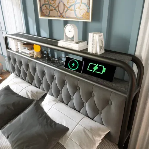 Lit Double Capitonné - USB Type C - LED - 4 Tiroirs - Velours Gris 180x200cm