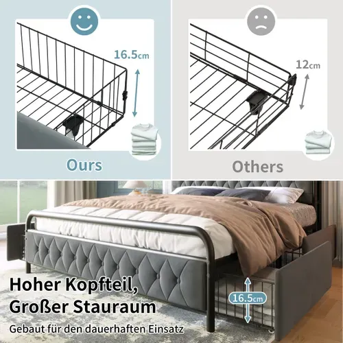 Lit Double Capitonné - USB Type C - LED - 4 Tiroirs - Velours Gris 180x200cm
