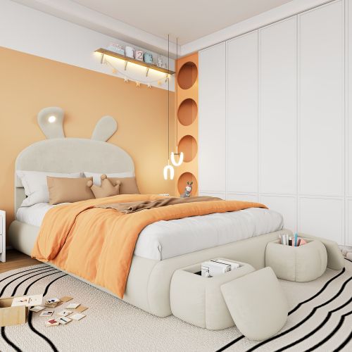 Lit Double 140 X 200 Cm-lit Hydraulique-avec Bandes Lumineuses-espace De Rangement-velours-beige