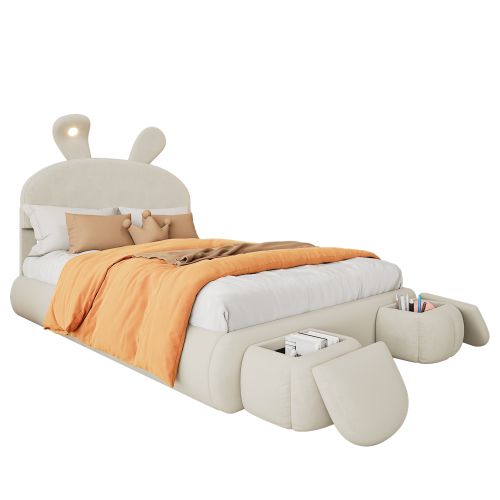 Lit Double 140 X 200 Cm-lit Hydraulique-avec Bandes Lumineuses-espace De Rangement-velours-beige