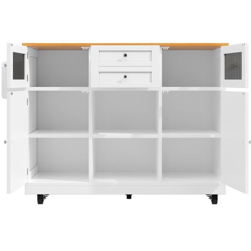 Îlot De Cuisine - Blanc - Roulettes Pivotantes - Plateau Réglable - Rangement Polyvalent