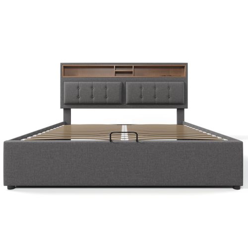 Lit Double 160x200cm Avec Port De Chargement USB-c-lit De Rangement-en Lin-gris