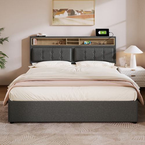 Lit Double 160x200cm Avec Port De Chargement USB-c-lit De Rangement-en Lin-gris
