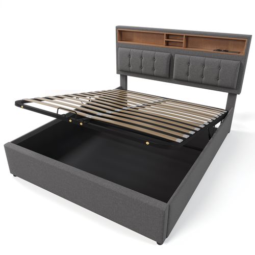 Lit Double 160x200cm Avec Port De Chargement USB-c-lit De Rangement-en Lin-gris